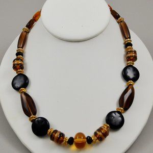 Vintage Acrylic Beaded Necklace in Earth tones Brown Amber Black 18 Inches